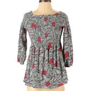 J Jill Top Size Medium Floral Smock Blouse Black White Red Flowers Floral